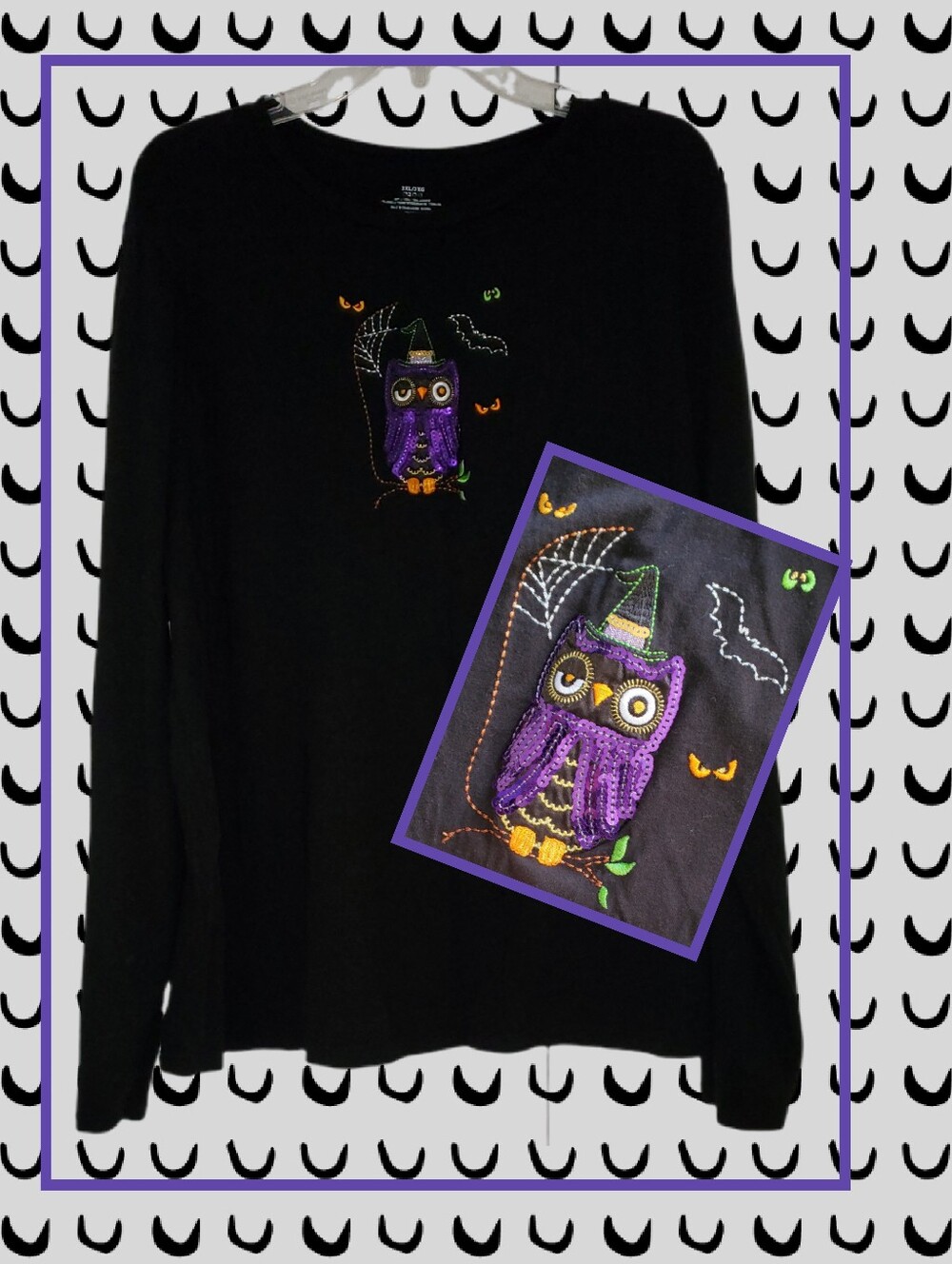 Like New Black Long-Sleeve Tee with Purple Sequin Owl 3X (22-24)